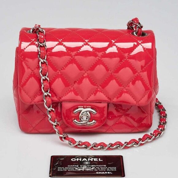 Chanel Pink Quilted Patent Leather Classic Square Mini Flap Bag - Picture 1 of 13